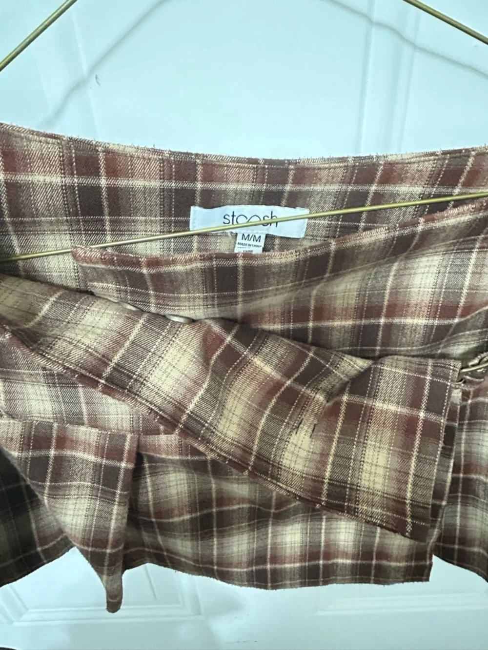Stoosh Brown and Cream Plaid Pleated Mini Skirt kilt with Buckle Straps - Picture 7 of 8